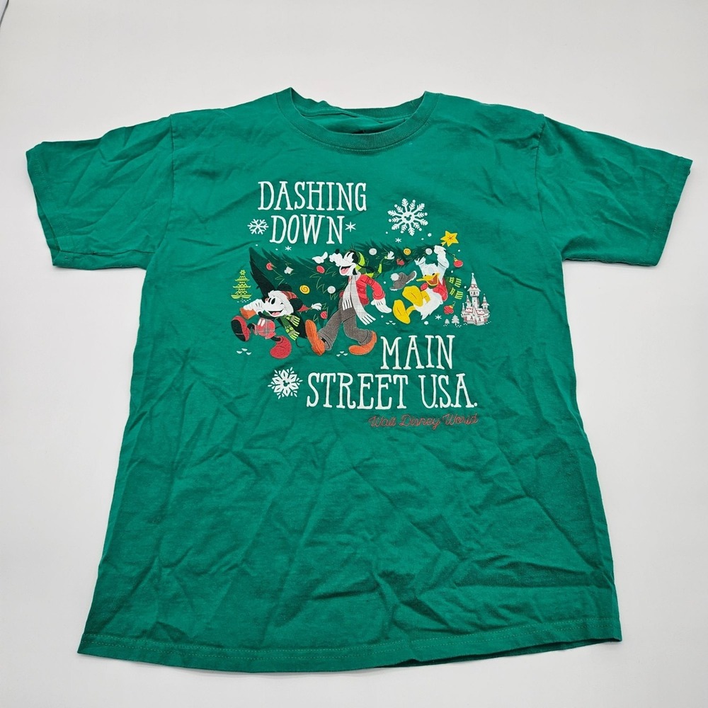 Disney Parks Dashing Down Main Street U.S.A. Mickey Donald‎ Goofy Green Tee Sz M